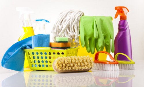 Safety-focused cleaning supplies arranged for use