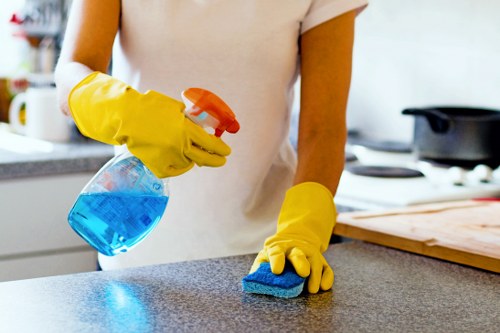 Cleaning professional with protective gear in a Chelsea property