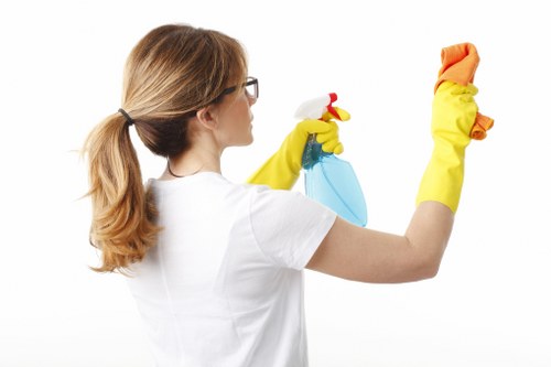 Domestic cleaner tidying a modern Chelsea apartment kitchen