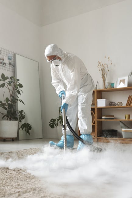 A professional cleaner wearing white protective coveralls, a face mask, and blue gloves is using a steam cleaning device on a beige carpet in a bright, modern living room. The room features natural li